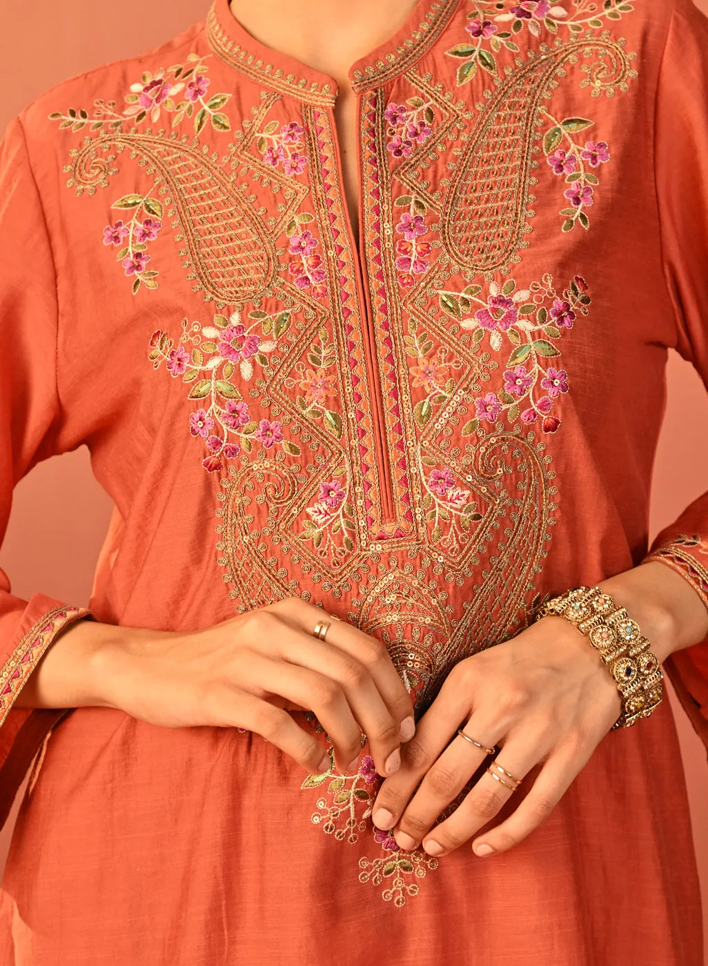 Mohiba Orange Embroidered Co-ord Set for Women