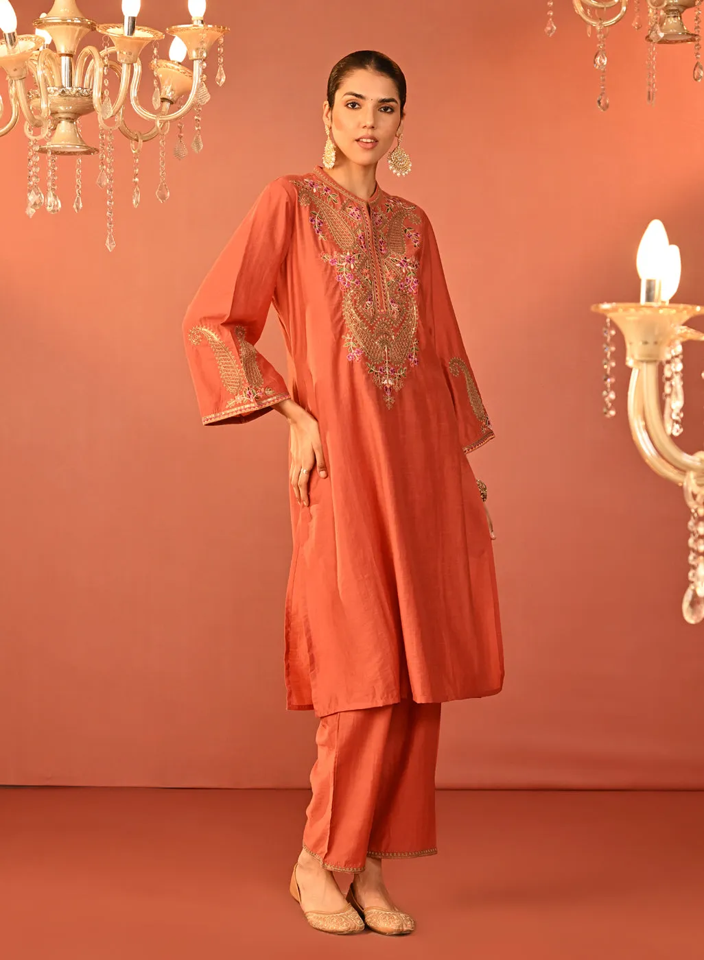 Mohiba Orange Embroidered Co-ord Set for Women