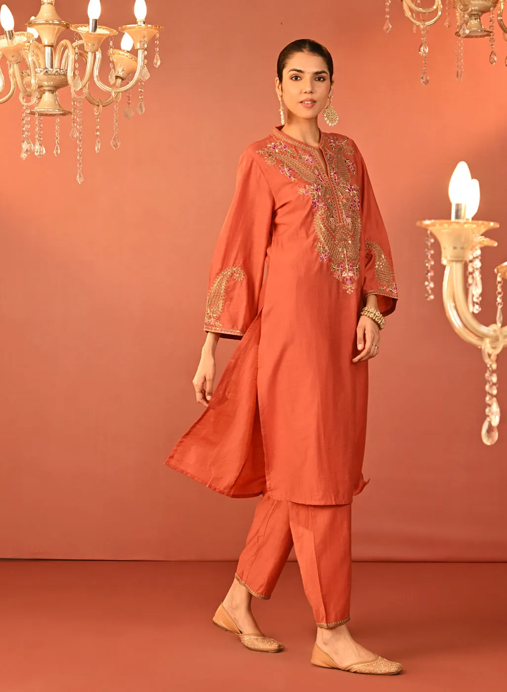 Mohiba Orange Embroidered Co-ord Set for Women