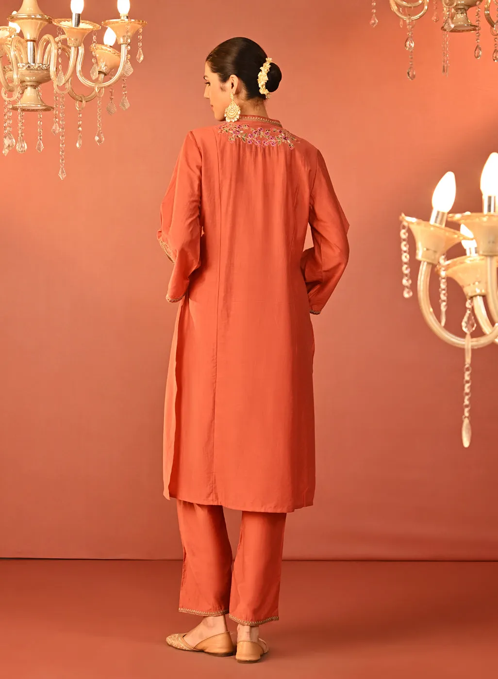 Mohiba Orange Embroidered Co-ord Set for Women