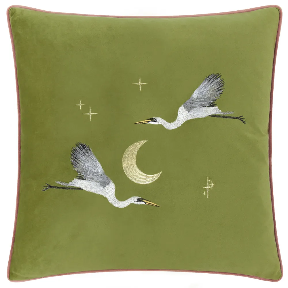 Moonlit Flight Embroidered Velvet Cushion Olive