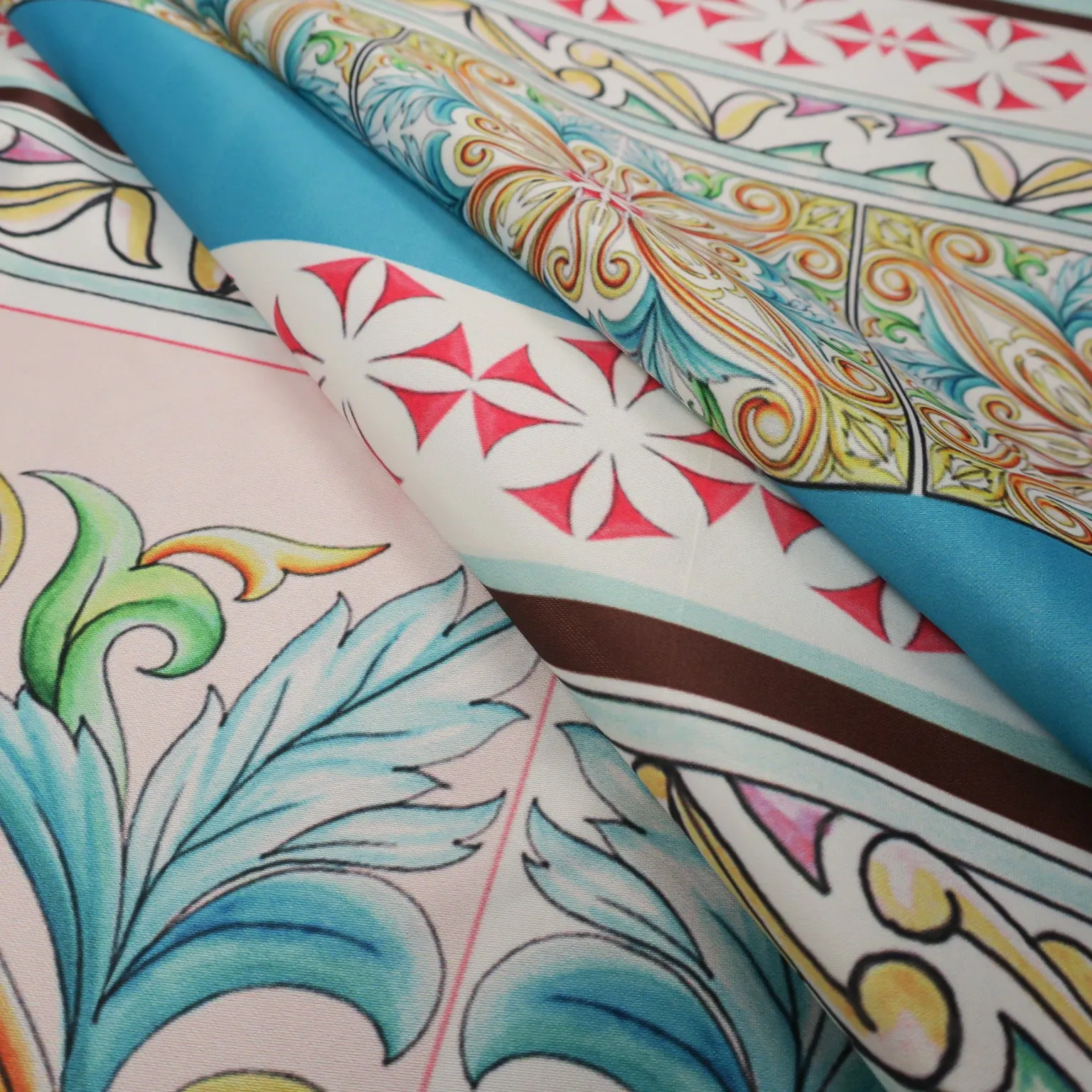 Multicolored Royal Aqua Abstract on White Printed Polyester Mikado Fabric