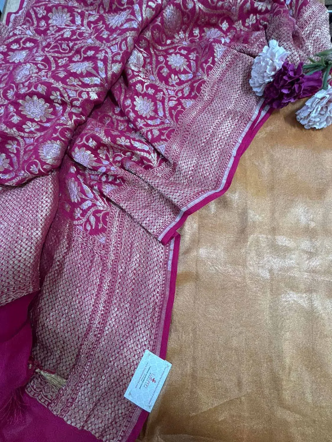 Mustard Banarasi Tissue Katan Silk Suit With Pinkish Red Banarasi Handloom Pure Georgette Sona Roopa Dupatta