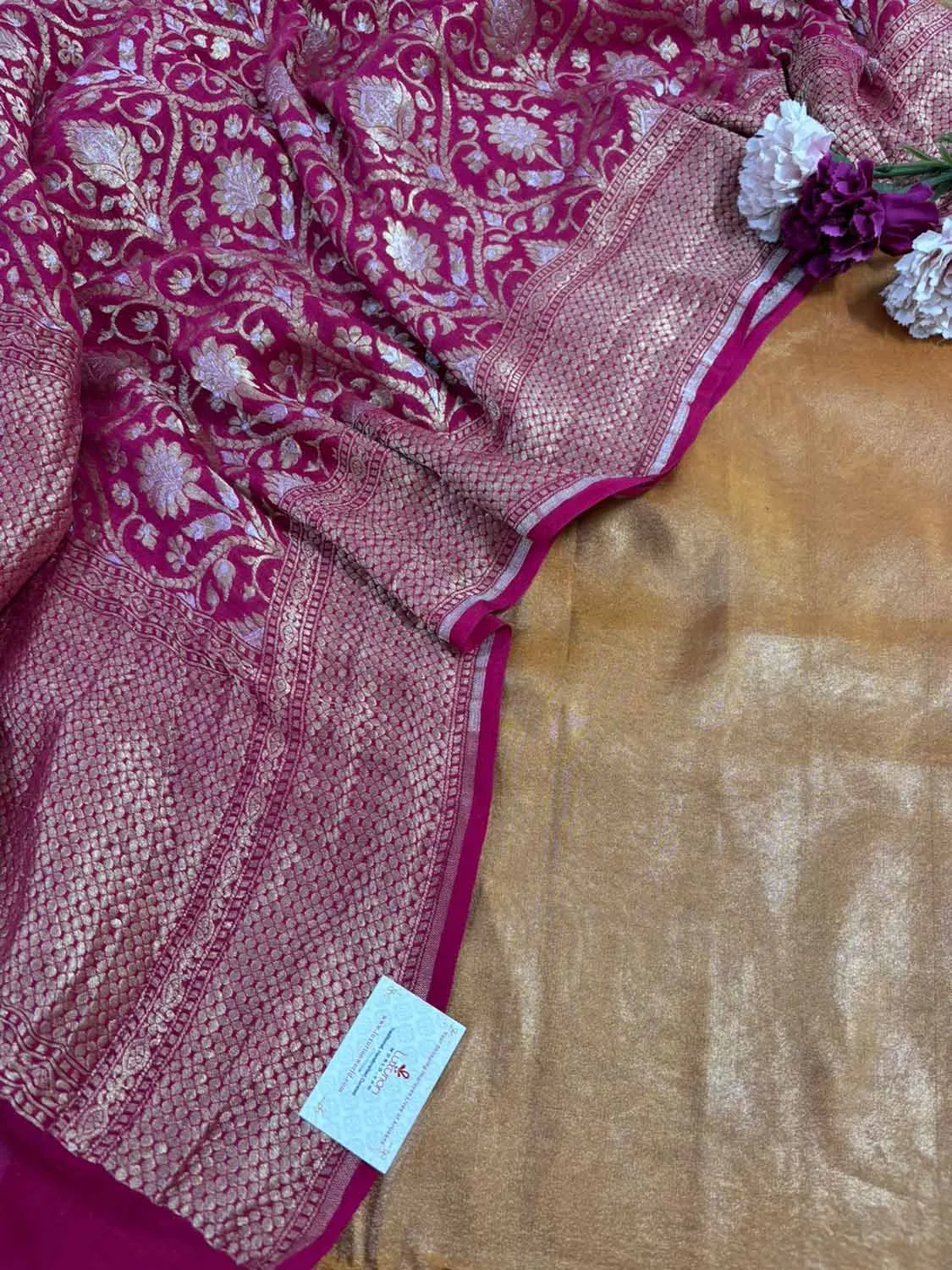 Mustard Banarasi Tissue Katan Silk Suit With Pinkish Red Banarasi Handloom Pure Georgette Sona Roopa Dupatta