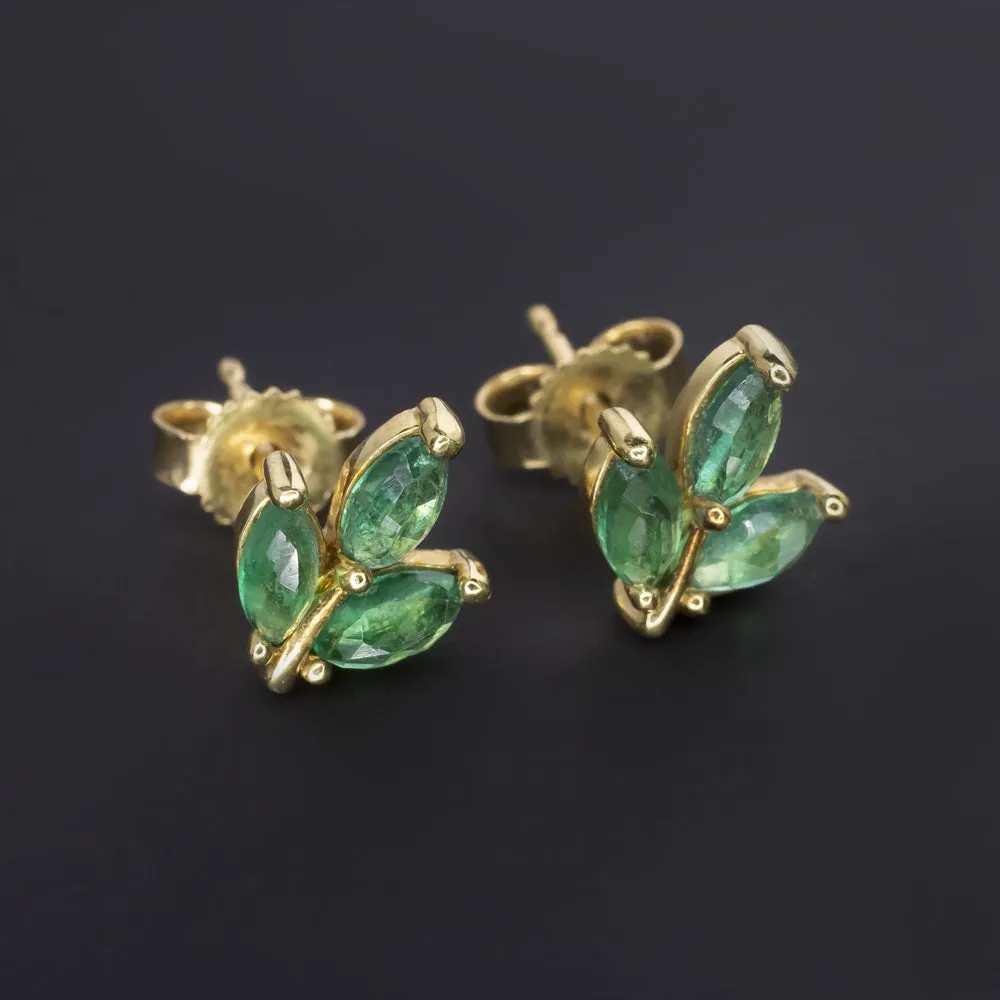 NATURAL EMERALD 18k YELLOW GOLD STUD EARRINGS GREEN MARQUISE LEAF SPROUT PLANT