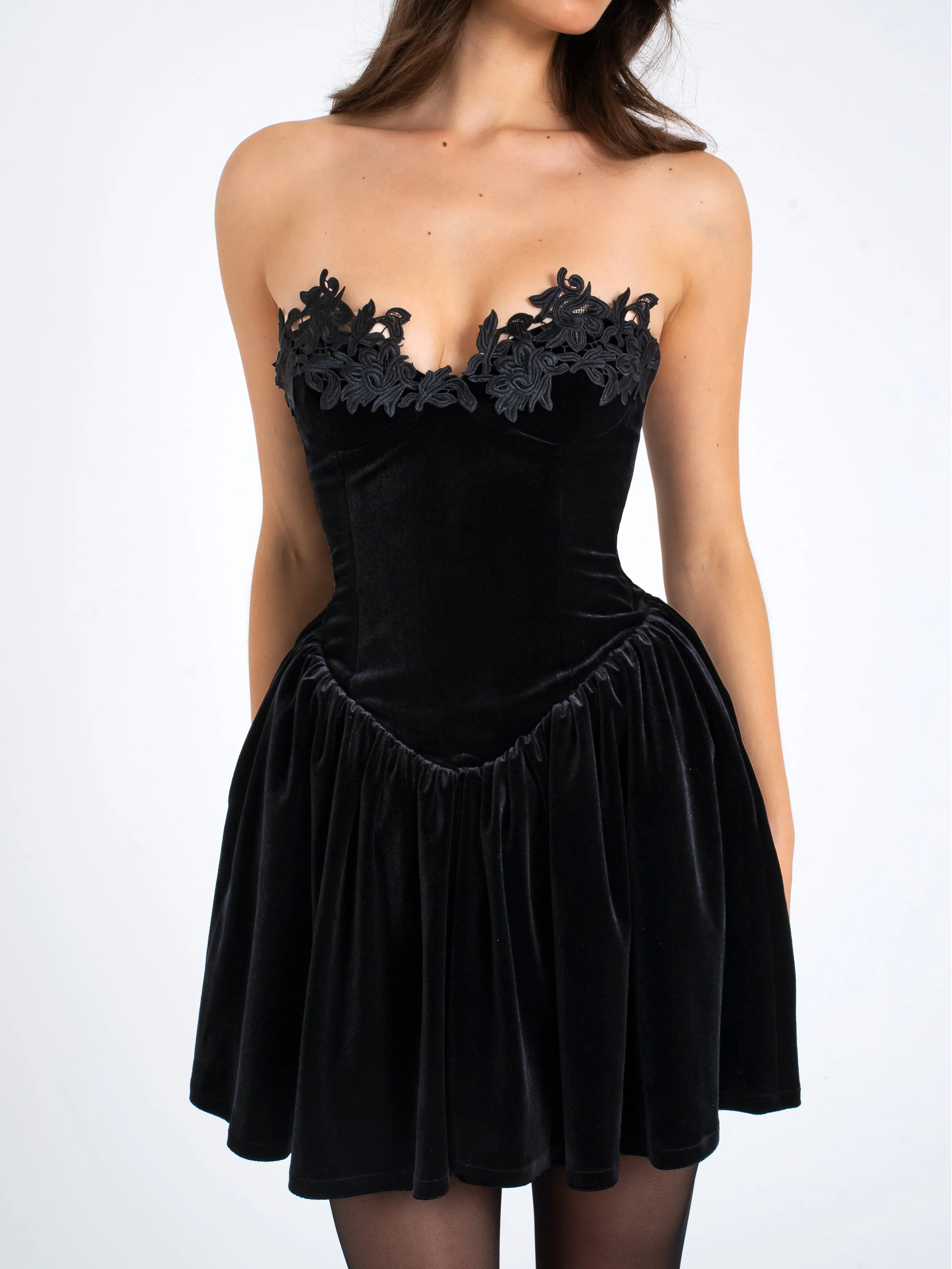 Nora Black Velvet Drop Waist Corset Puffy Mini Dress with Lace Trim