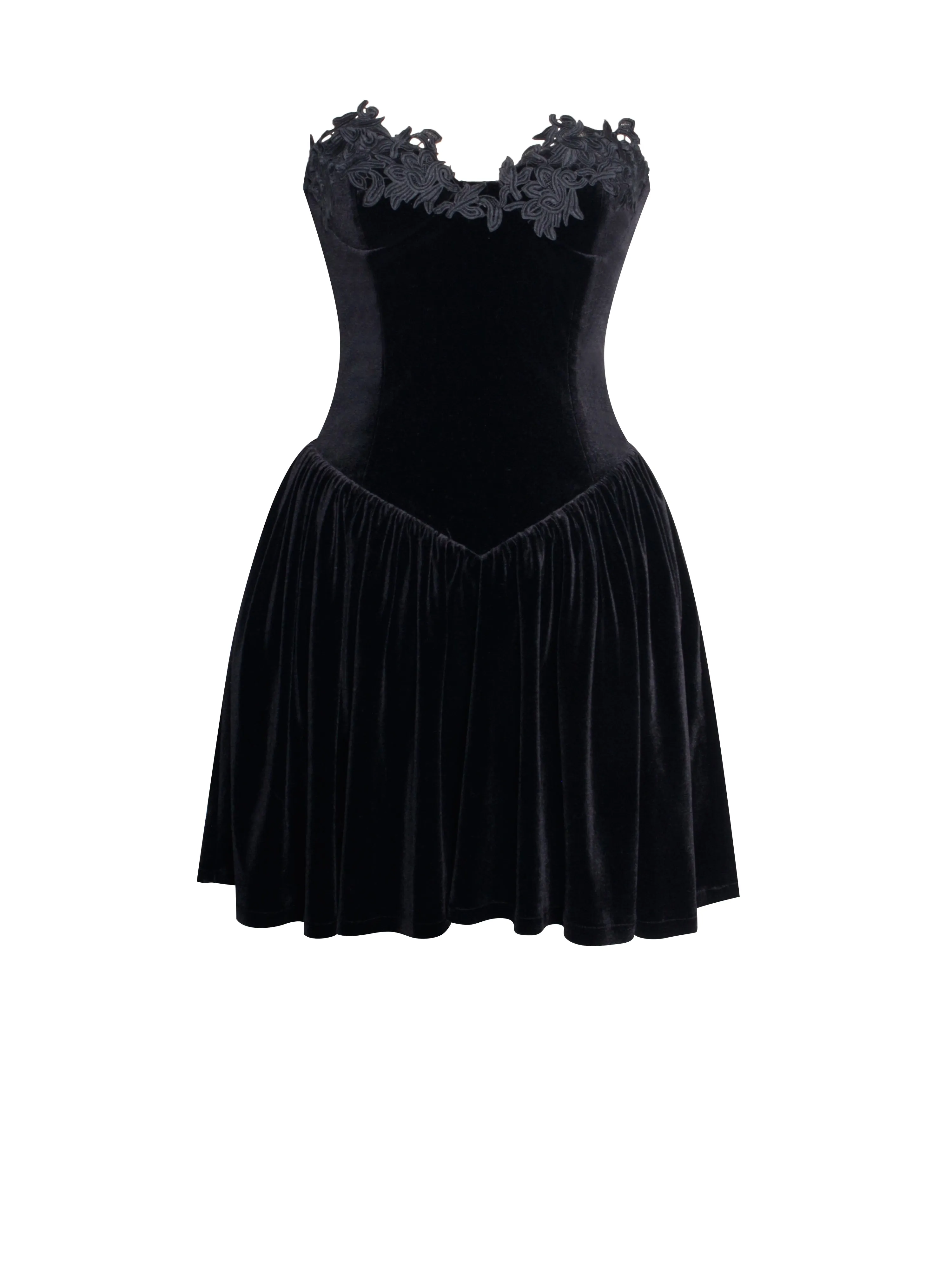 Nora Black Velvet Drop Waist Corset Puffy Mini Dress with Lace Trim