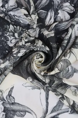 Off White Black Sketchy Floral Pattern Printed Natural Muslin Silk Fabric