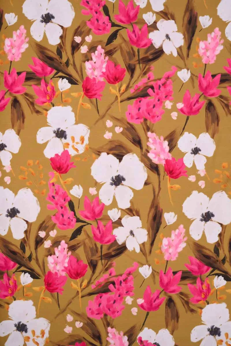 Oil Painted Mustard Floral Pattern Printed Muslin Fabric