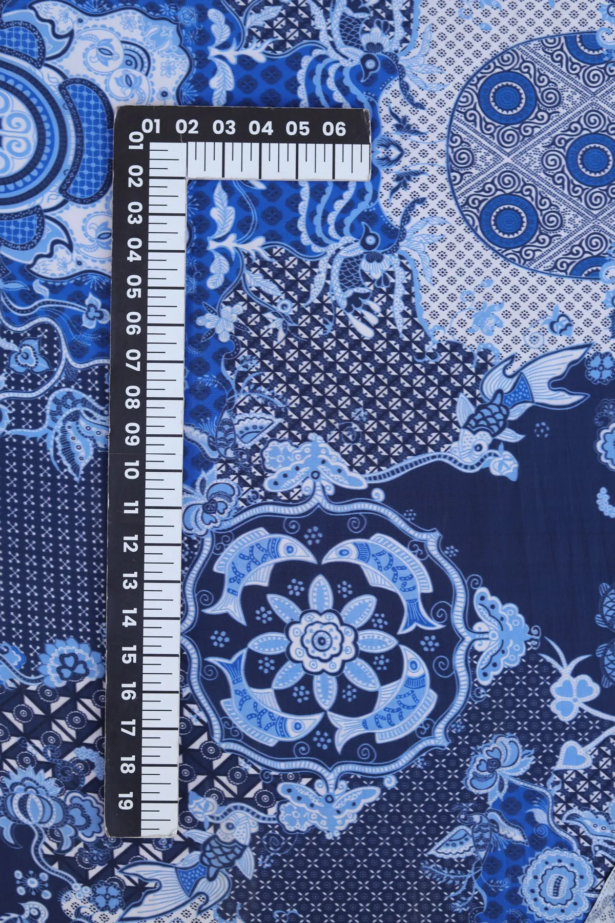 Oriental Navy Blue Seamless Pattern Printed Natural Crepe Silk Fabric