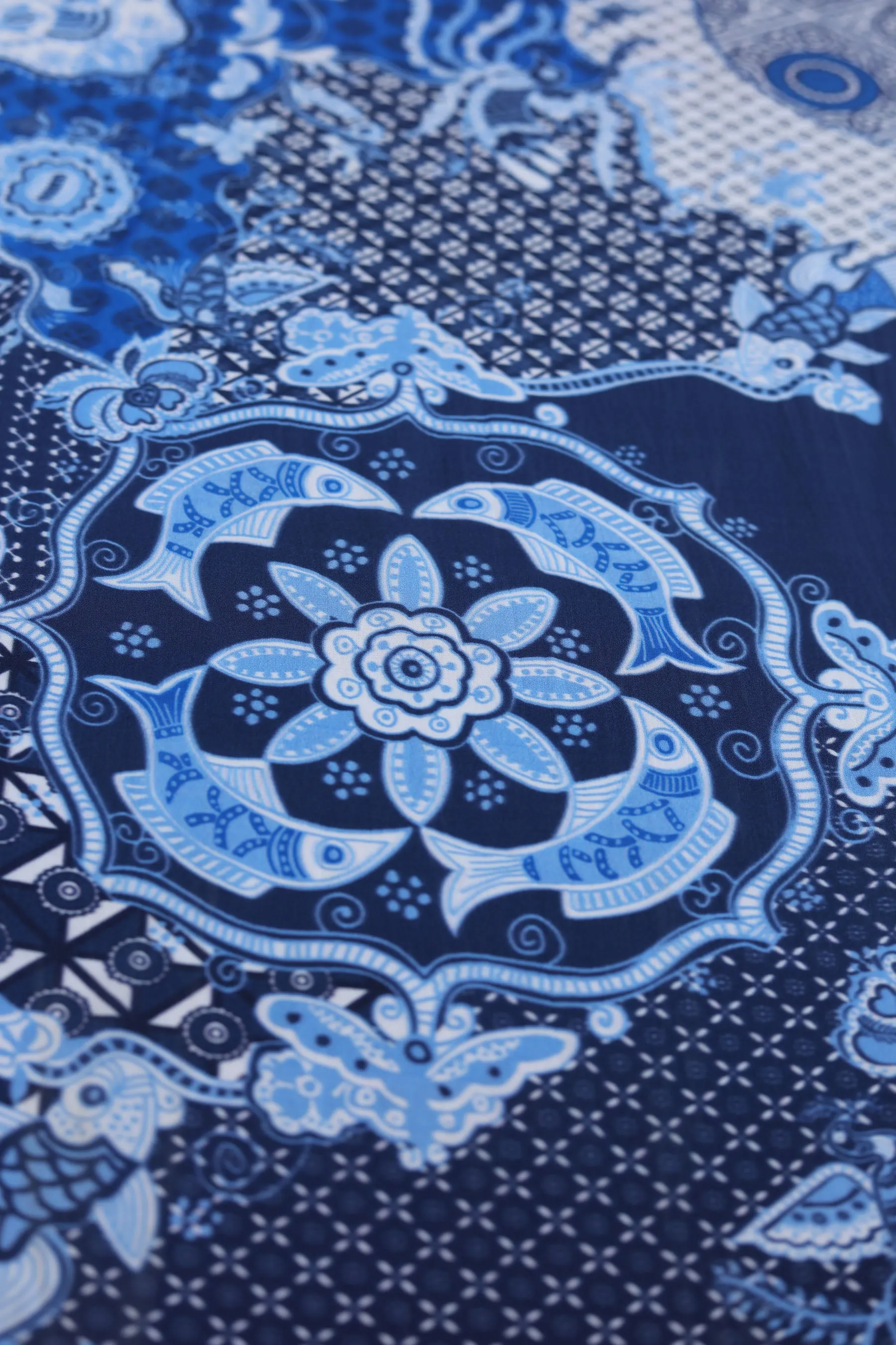 Oriental Navy Blue Seamless Pattern Printed Natural Crepe Silk Fabric