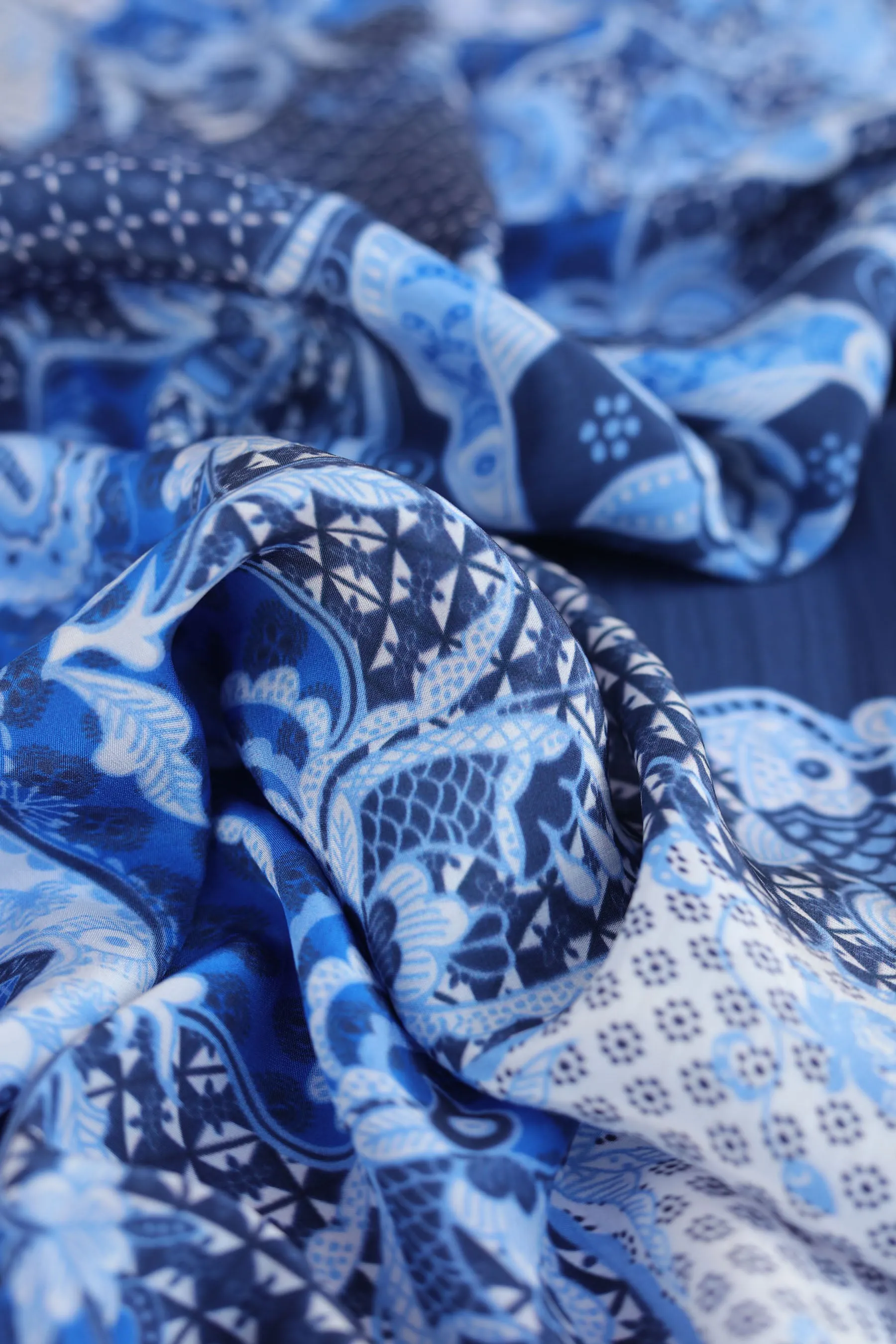 Oriental Navy Blue Seamless Pattern Printed Natural Crepe Silk Fabric