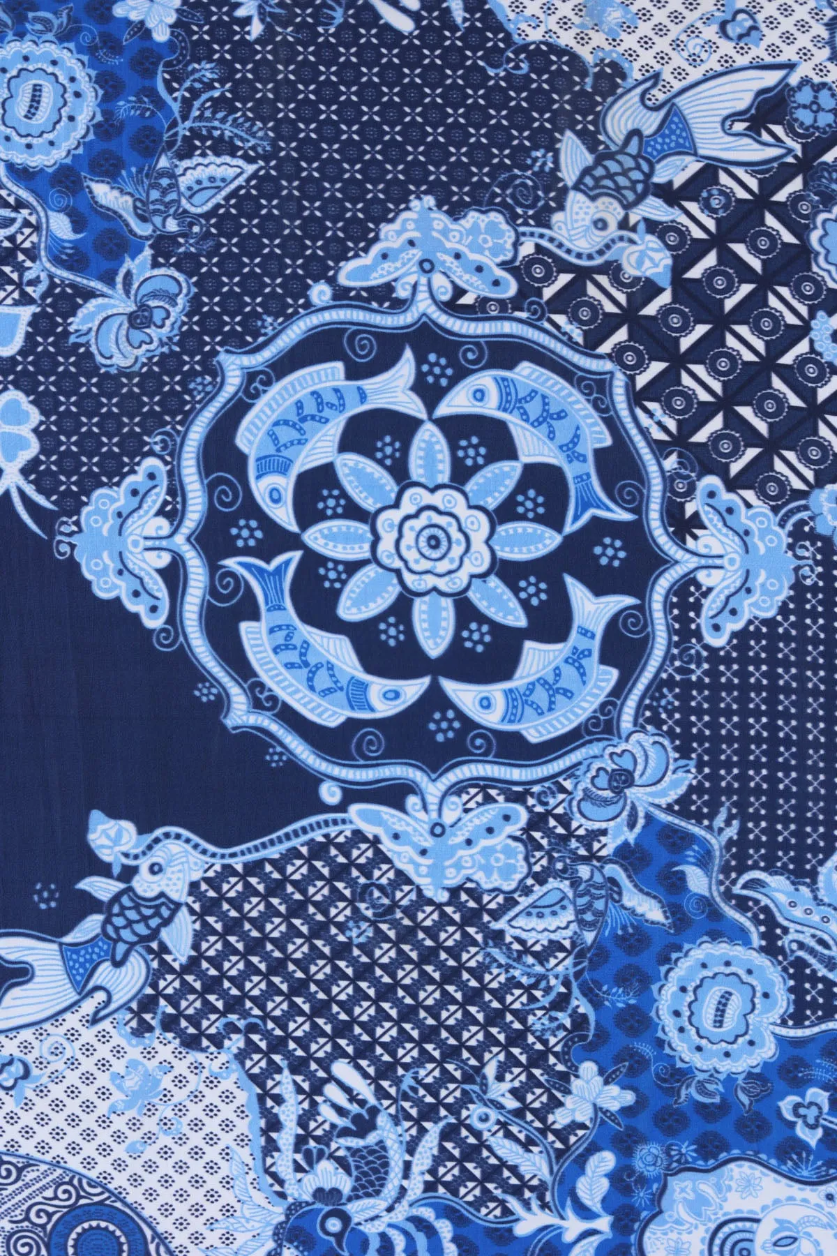 Oriental Navy Blue Seamless Pattern Printed Natural Crepe Silk Fabric