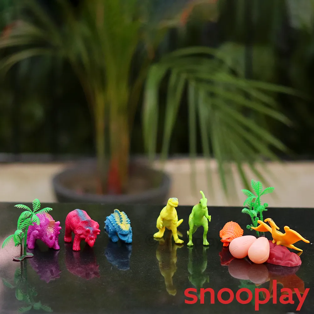 Pack of 6 Dinosaur Simulation (Each set contains 7 sinosaurs, 2 eggs, 2 trees, 1 stone) | Return Gifts and Party Favours