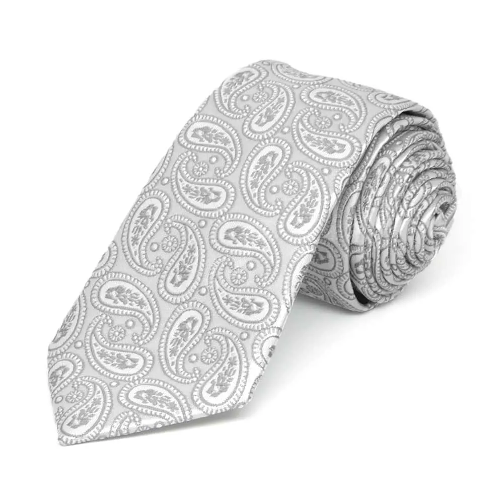 Pale Silver Darlene Paisley Slim Necktie, 2.5" Width