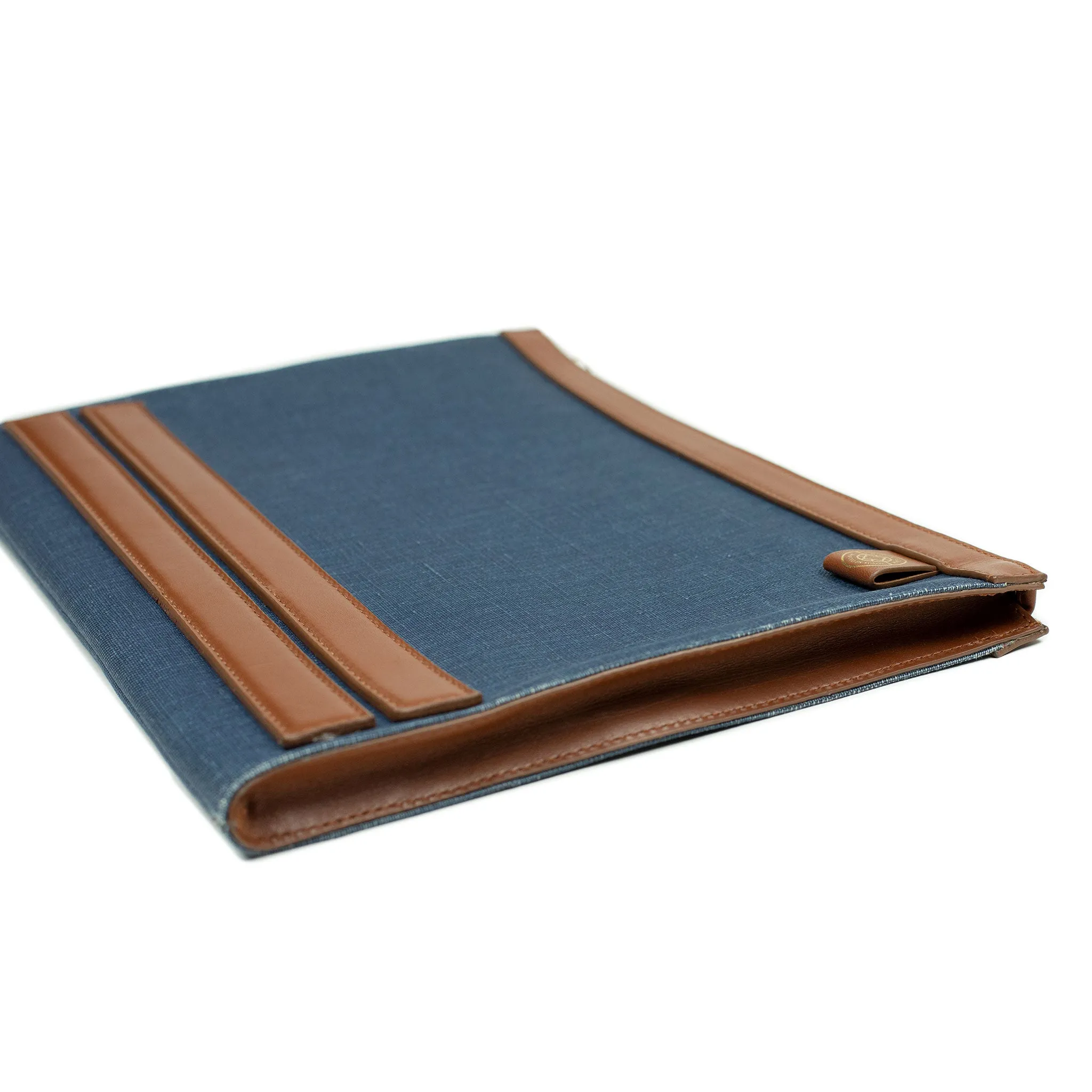 Palma portfolio in blue canvas and brown vegetable-tanned leather