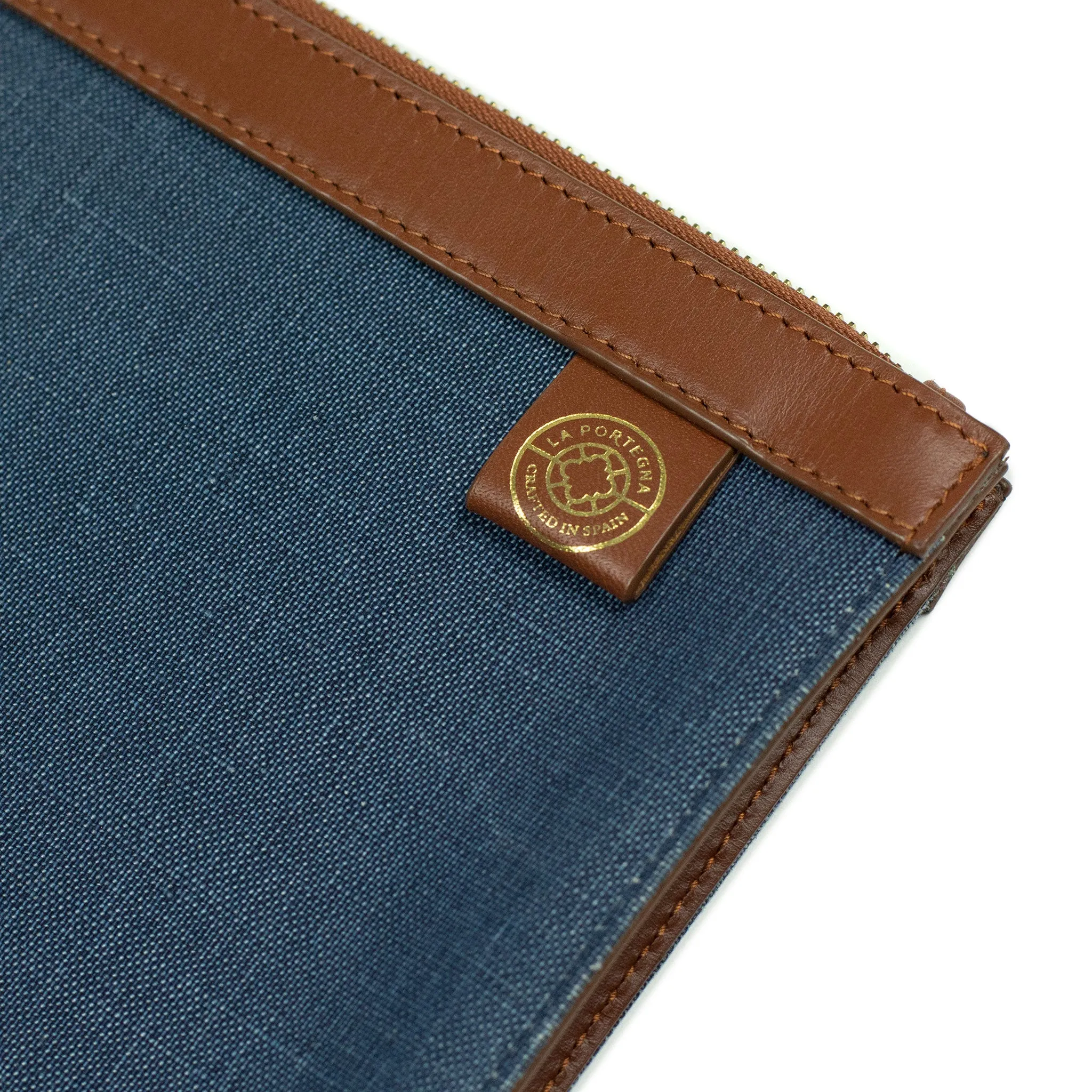 Palma portfolio in blue canvas and brown vegetable-tanned leather