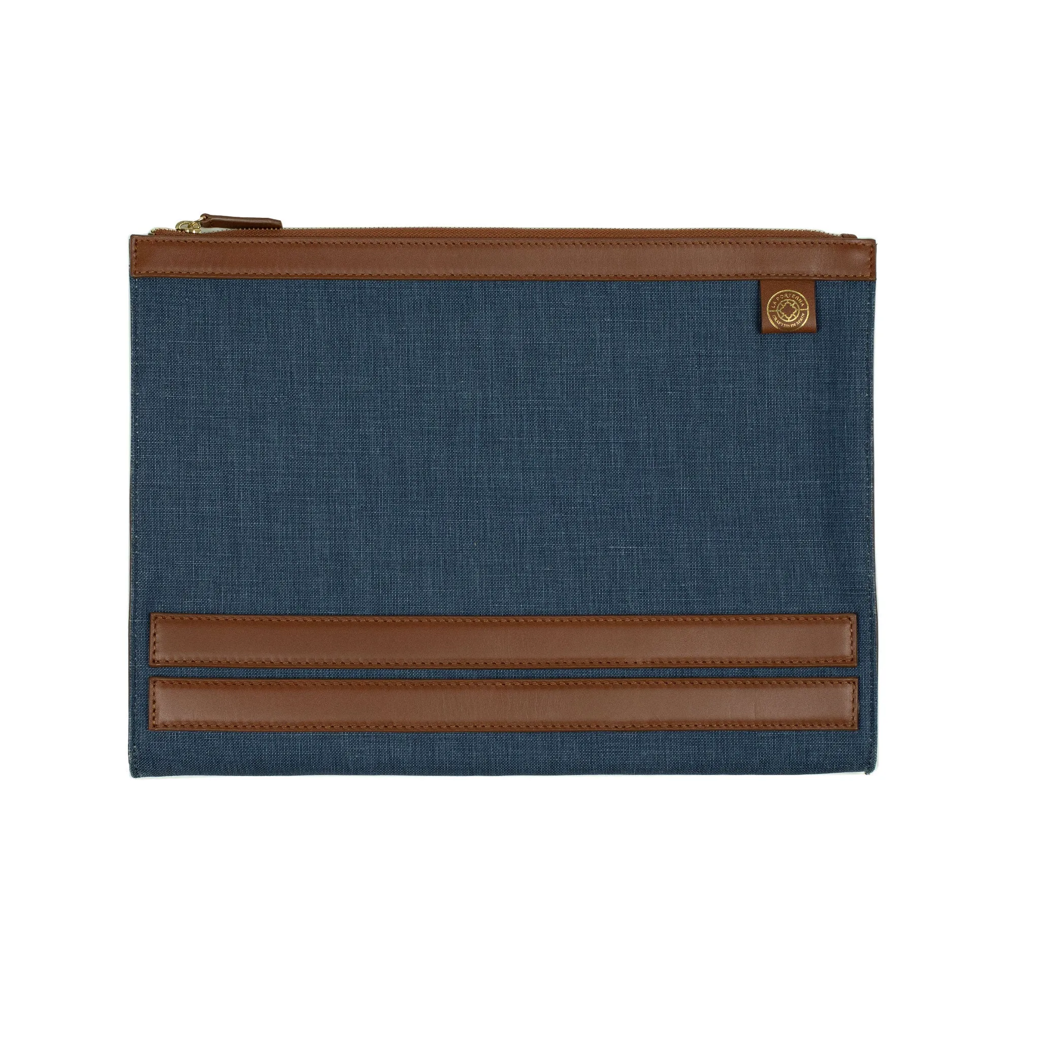 Palma portfolio in blue canvas and brown vegetable-tanned leather