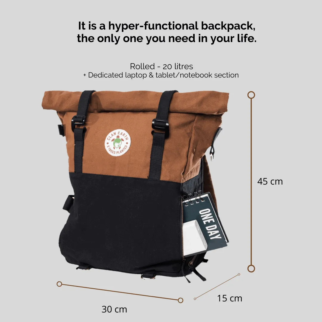 Pangolin Backpack - Camel Brown - Sustainable Eco Canvas Hyper-Functional Rolltop Travel Backpack