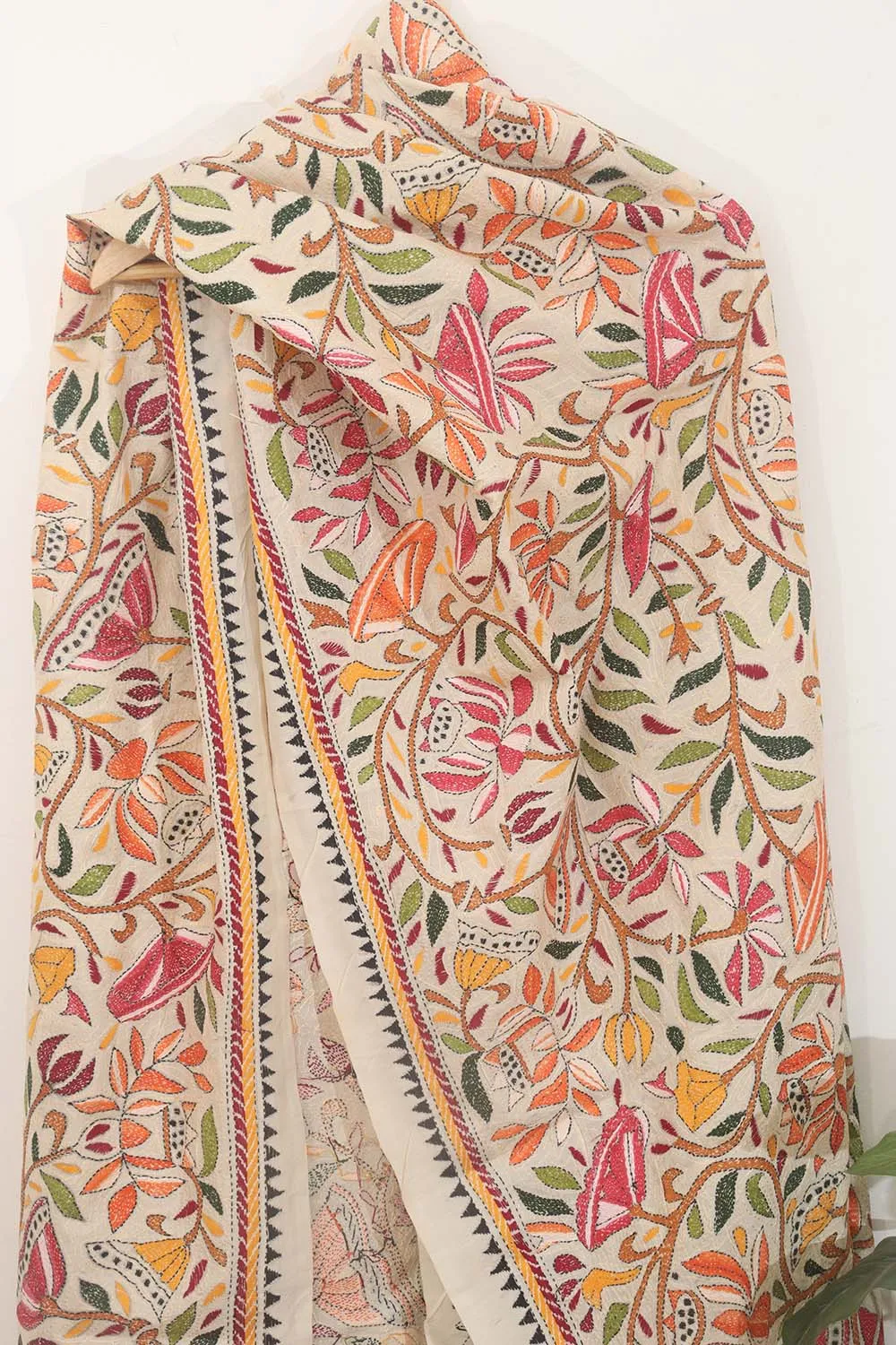 Pastel Kantha Silk Dupatta: Hand-Embroidered Elegance