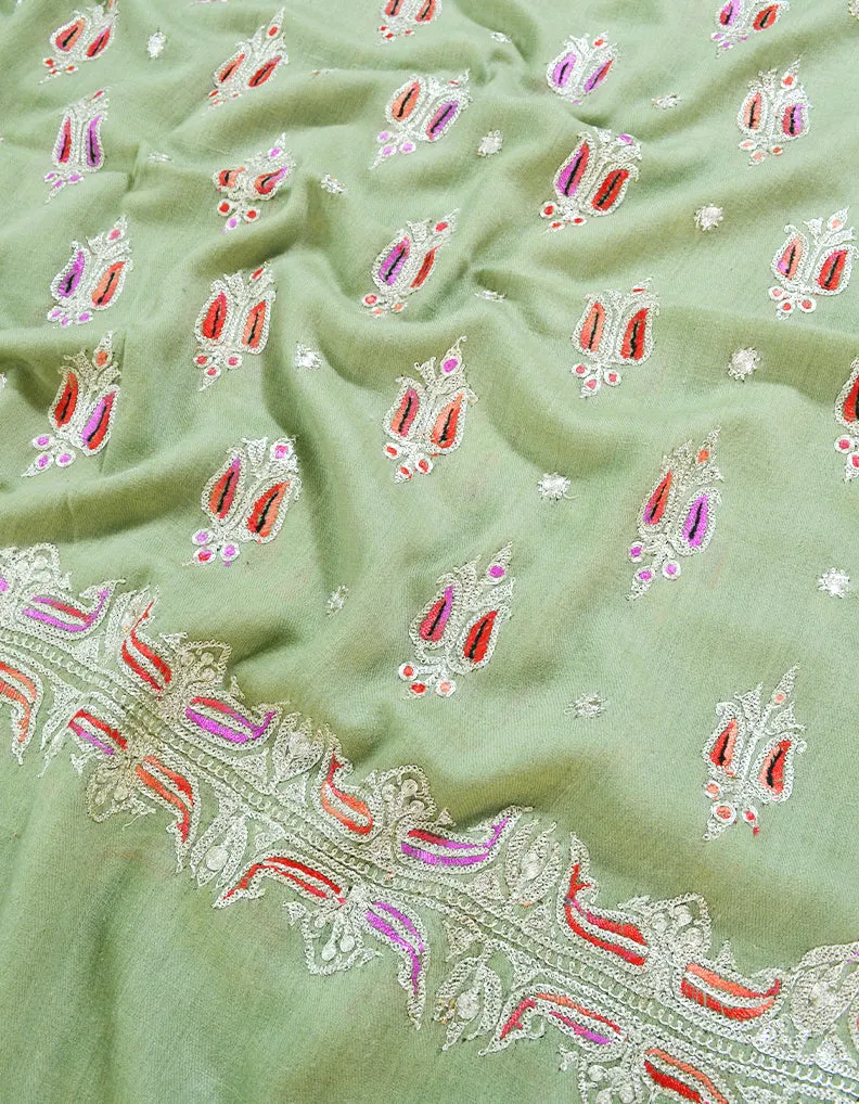 pear green tilla embroidery pashmina shawl 8219