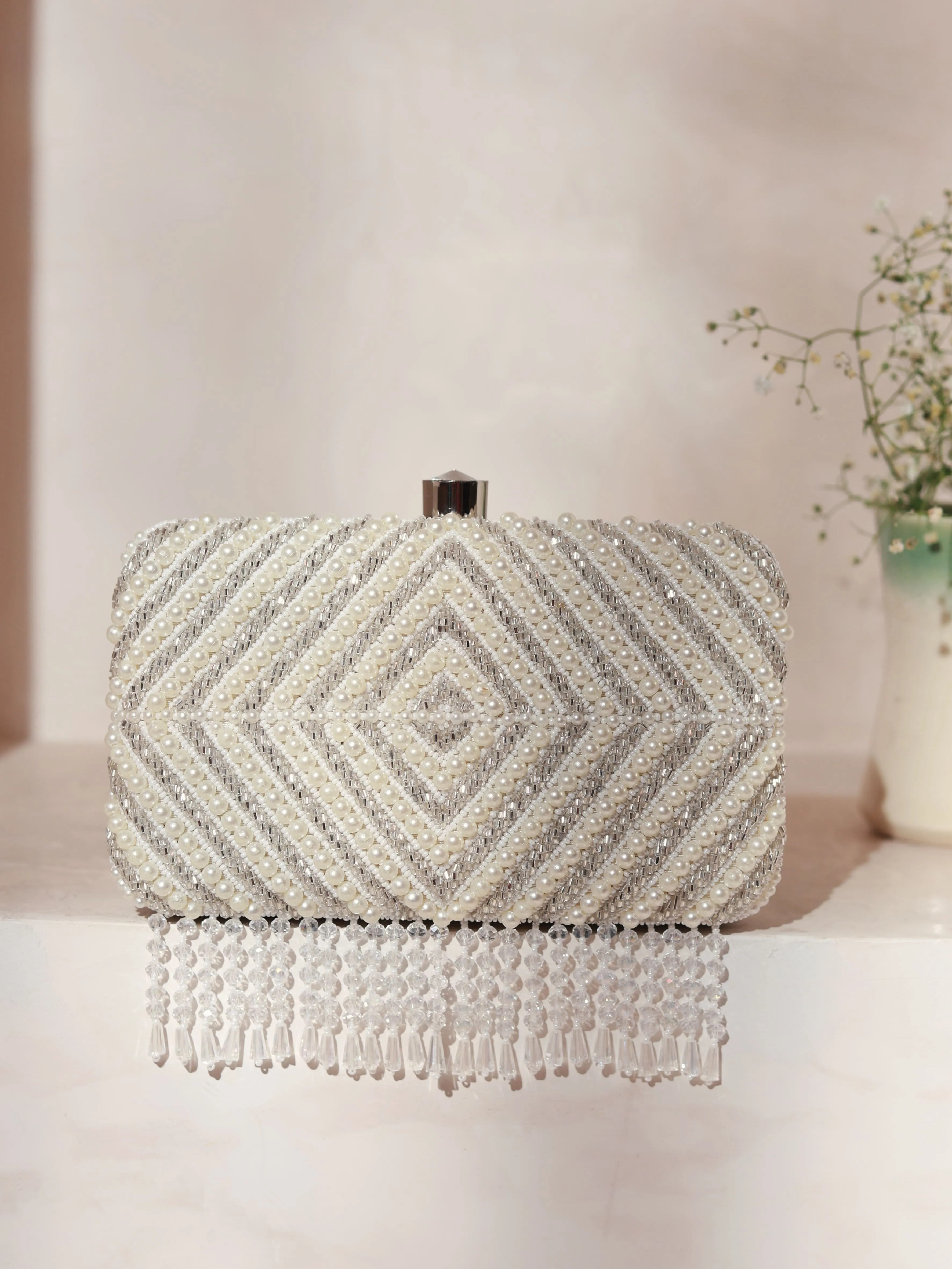 Pearly Silver Hand Embroidered Clutch