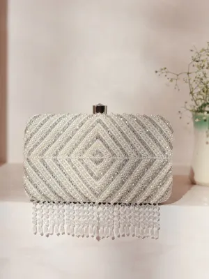 Pearly Silver Hand Embroidered Clutch