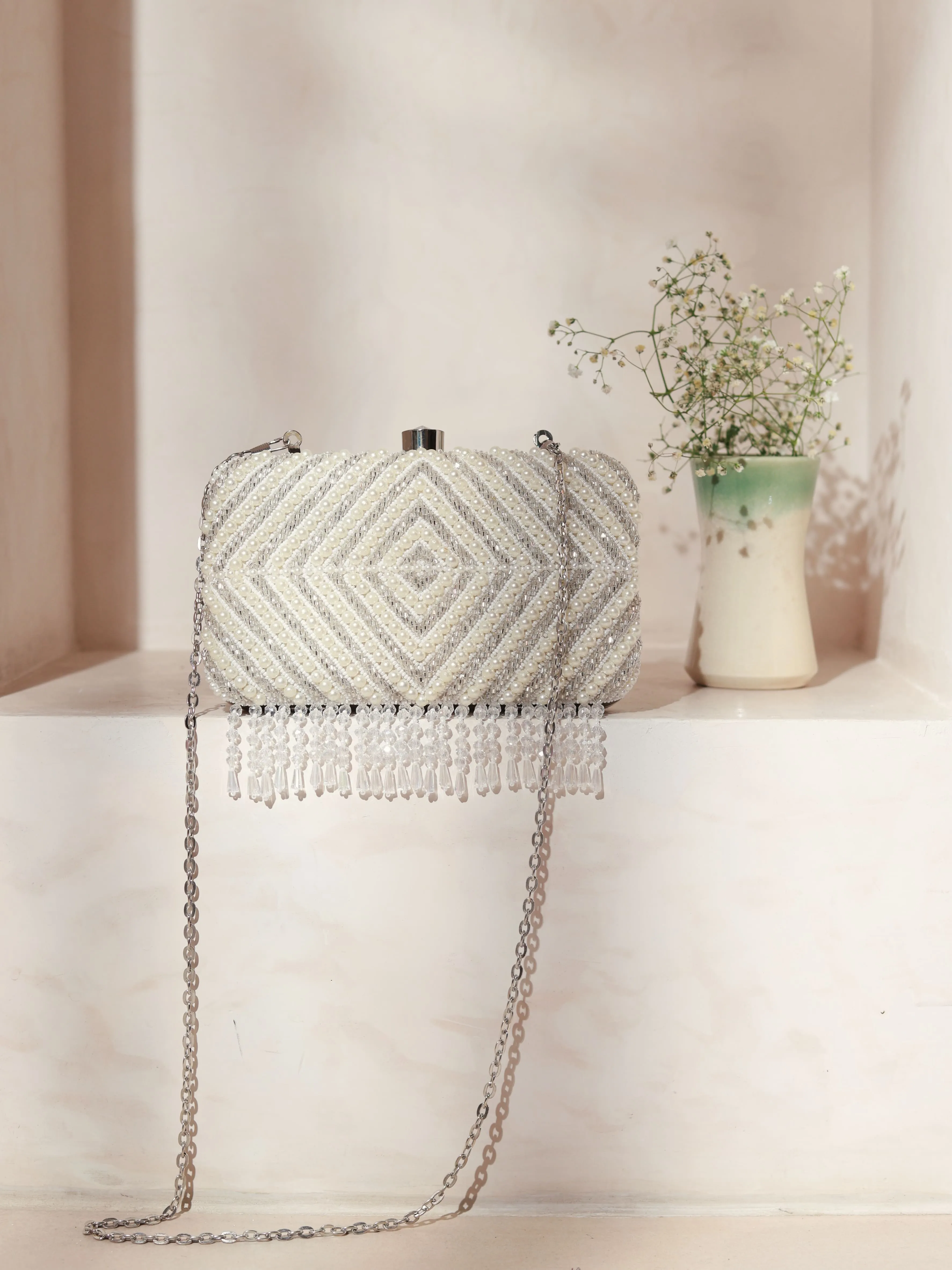 Pearly Silver Hand Embroidered Clutch