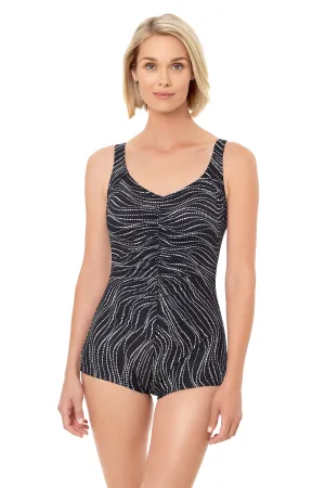 Penbrooke Women's Chlorine Resistant Tidal Wave Shirred Girl Leg One Piece Swimsuit - FINAL SALE