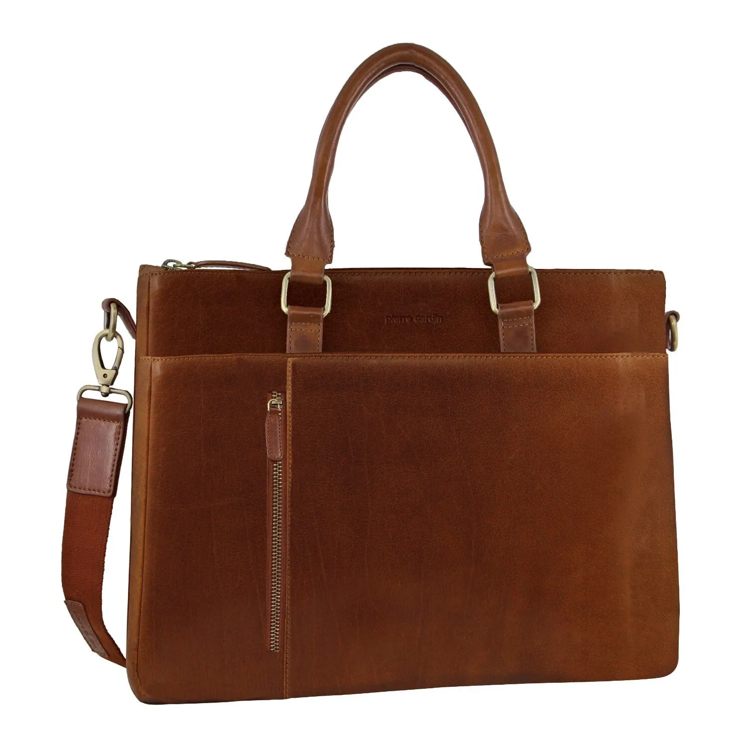 Pierre Cardin Mens Leather 15" Laptop Tote Bag (Tan)