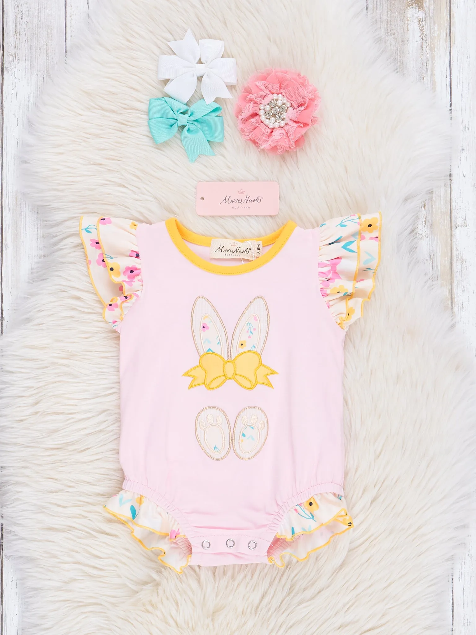 Pink & Yellow Embroidered Floral Bunny Ruffle Bubble