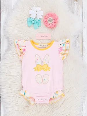 Pink & Yellow Embroidered Floral Bunny Ruffle Bubble