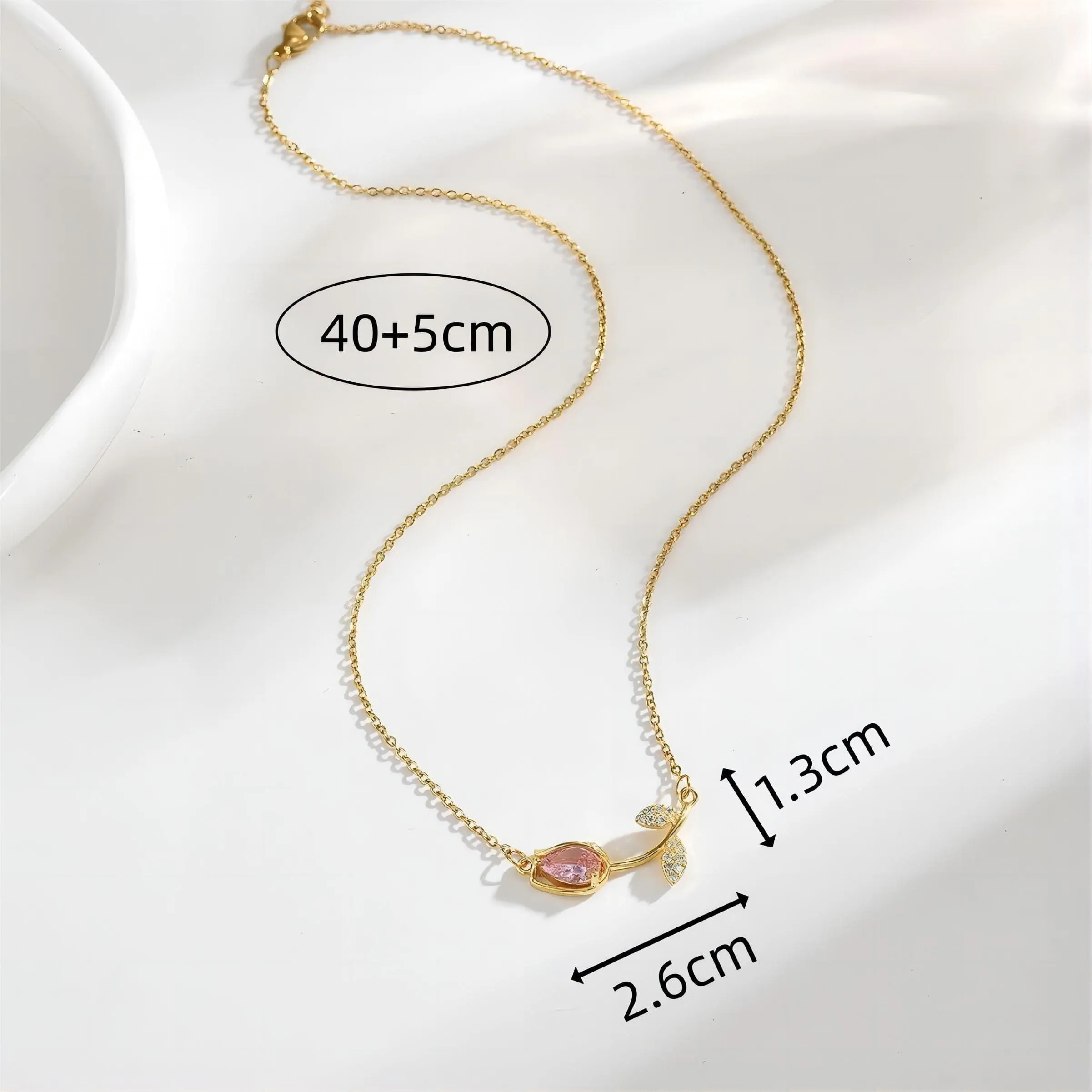 Pink Crystal Gold Tulip Chain Necklace