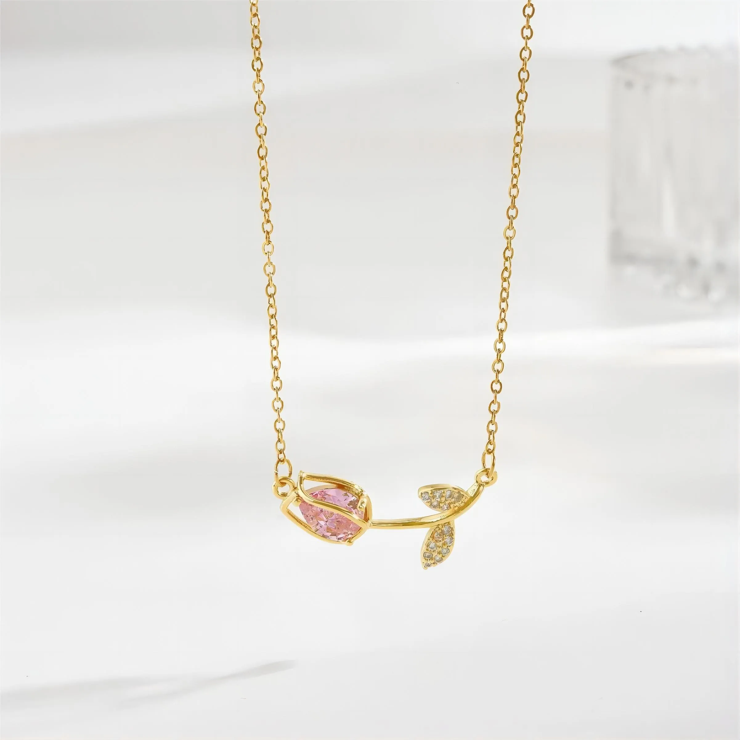 Pink Crystal Gold Tulip Chain Necklace