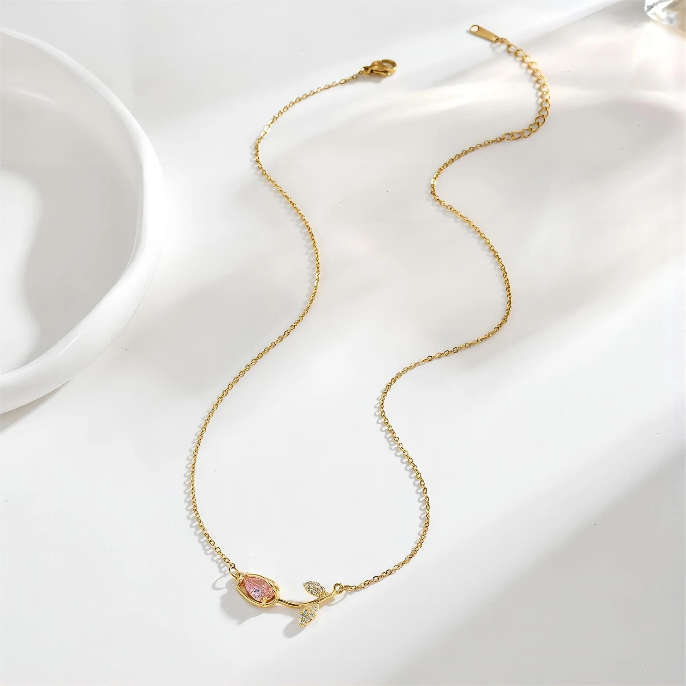 Pink Crystal Gold Tulip Chain Necklace