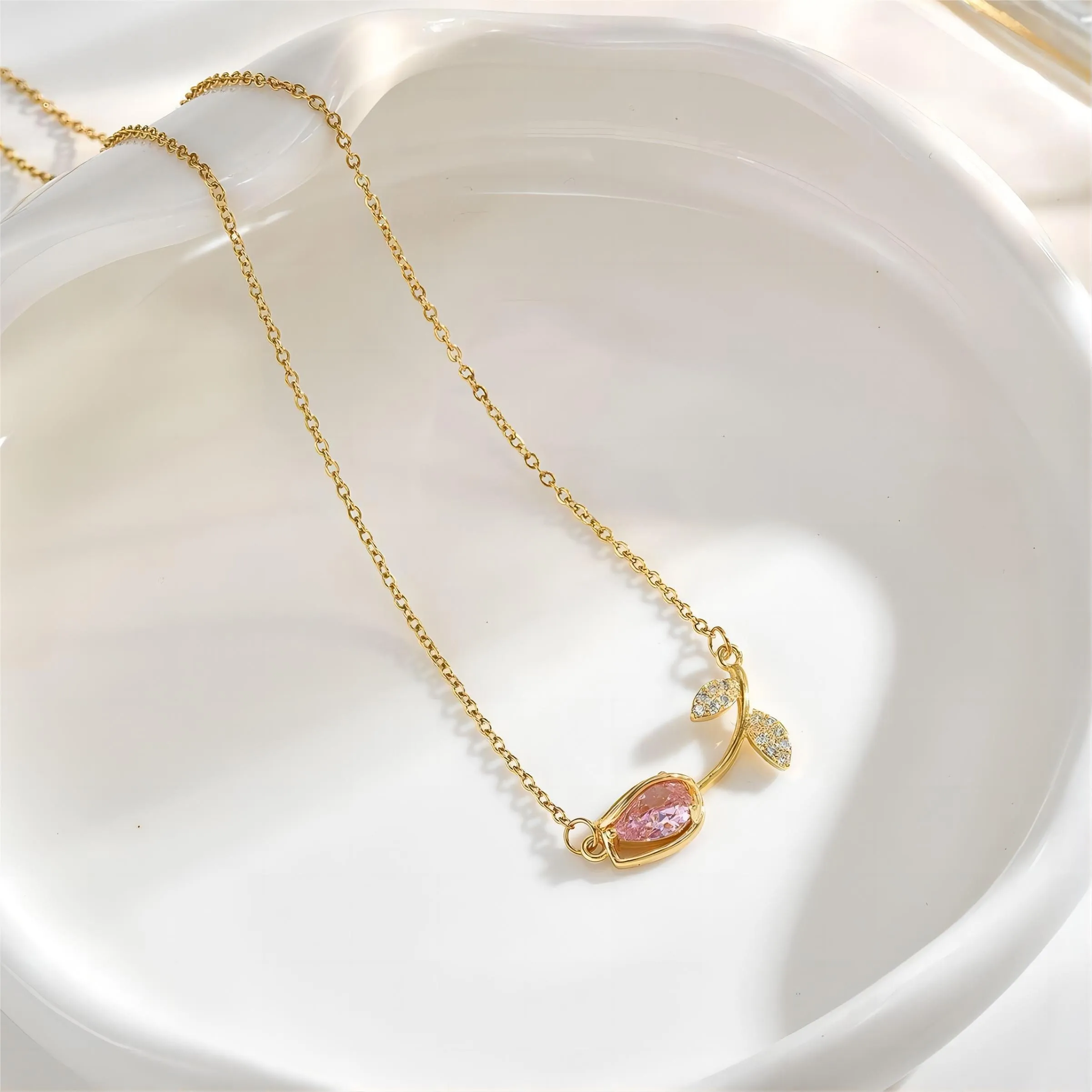 Pink Crystal Gold Tulip Chain Necklace