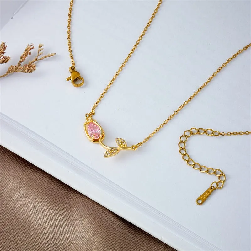 Pink Crystal Gold Tulip Chain Necklace