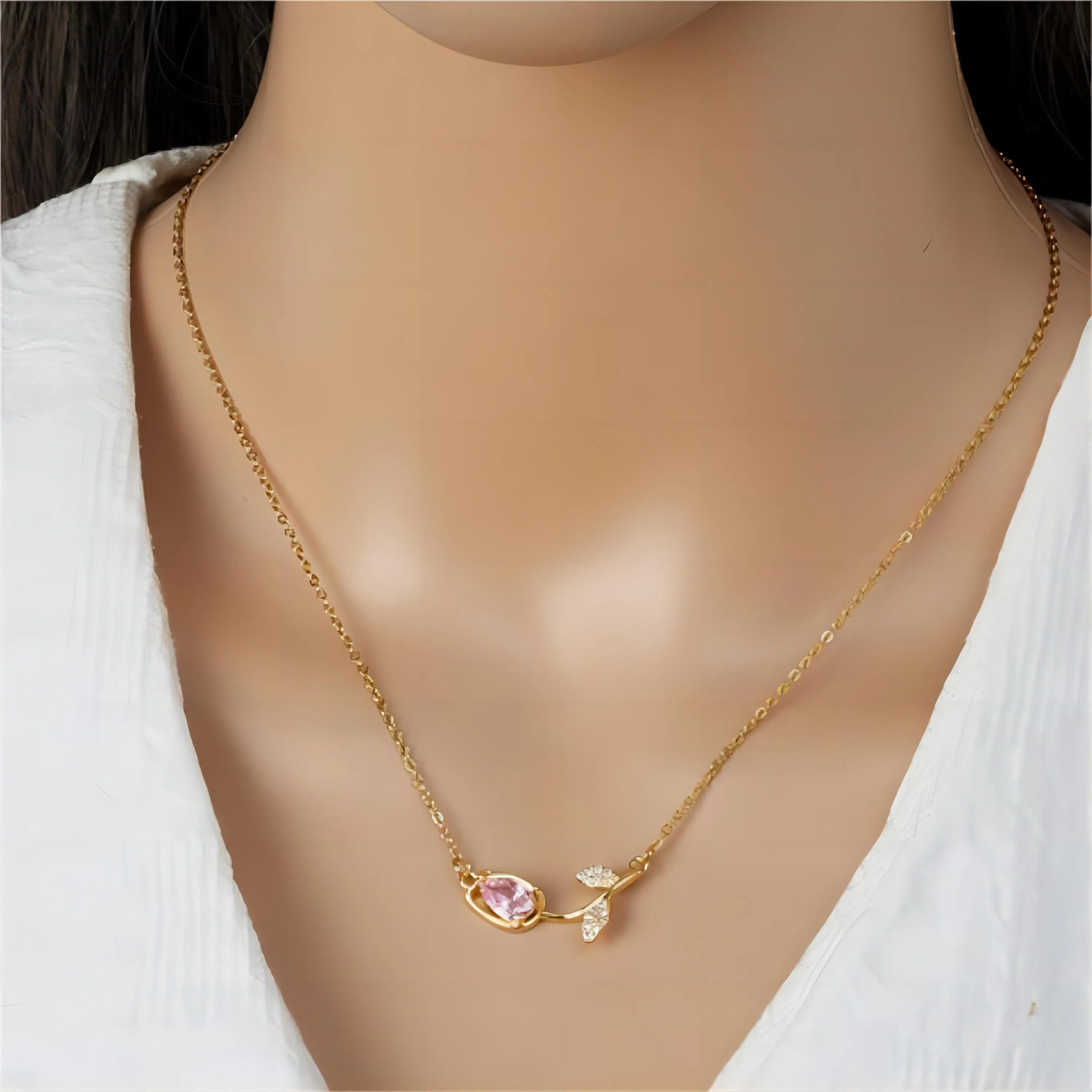 Pink Crystal Gold Tulip Chain Necklace