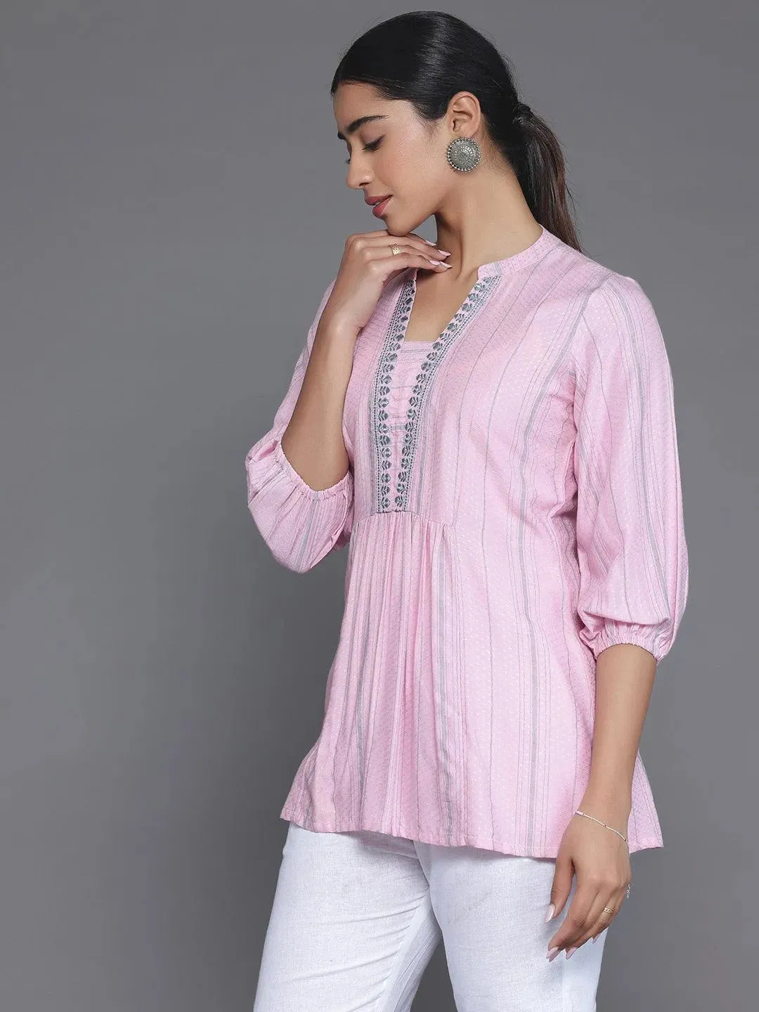 Pink Woven Design Cotton Blend Straight Kurti