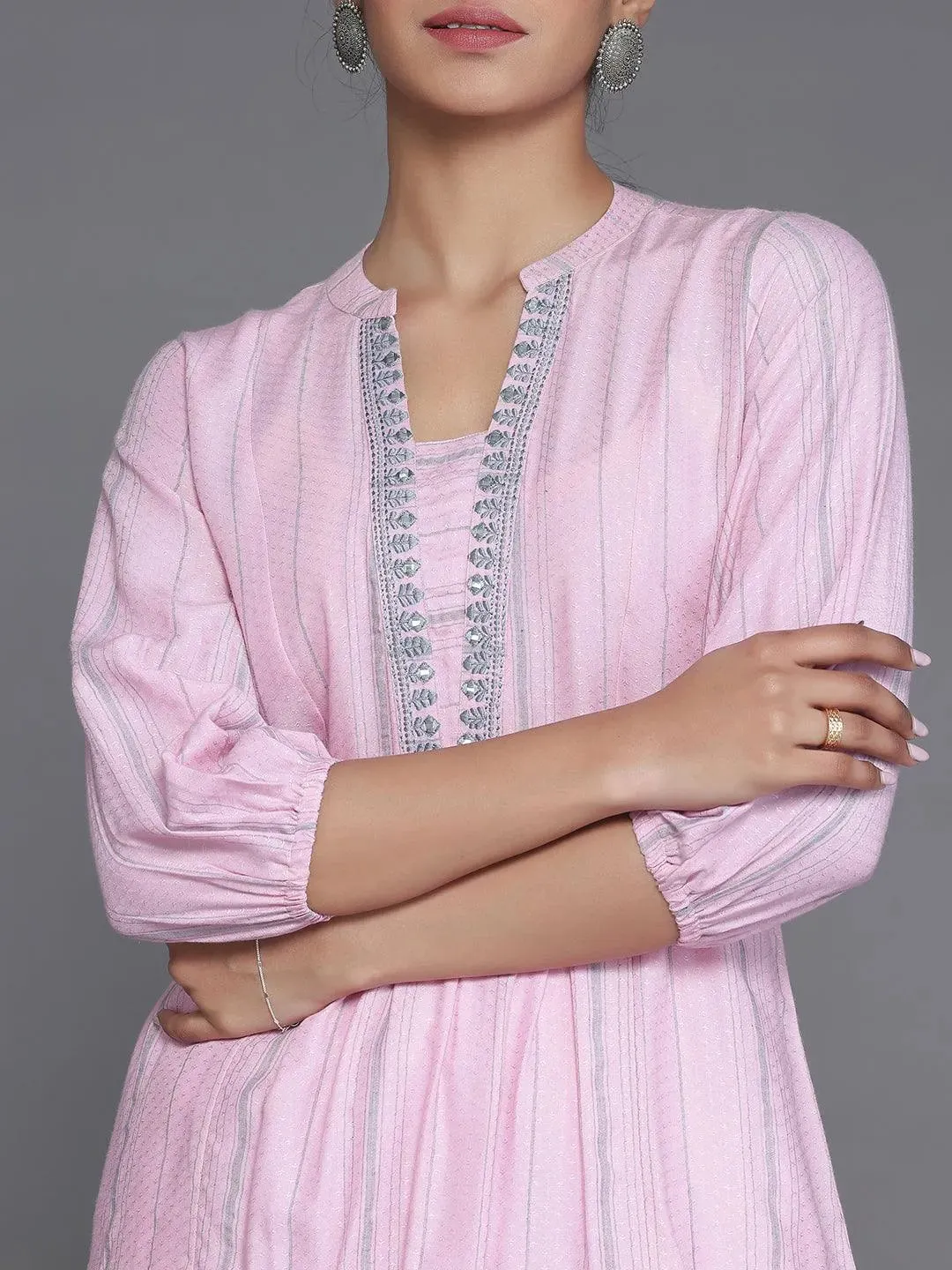 Pink Woven Design Cotton Blend Straight Kurti