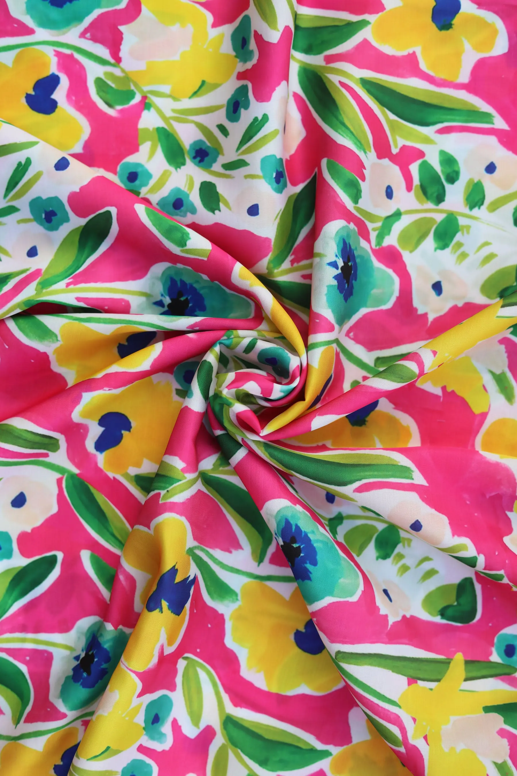 Pink Yellow Floral Printed Modal Satin Fabric