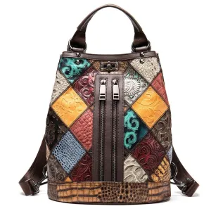 Premium Leather Travel Backpacks For Women Boho Patchwork