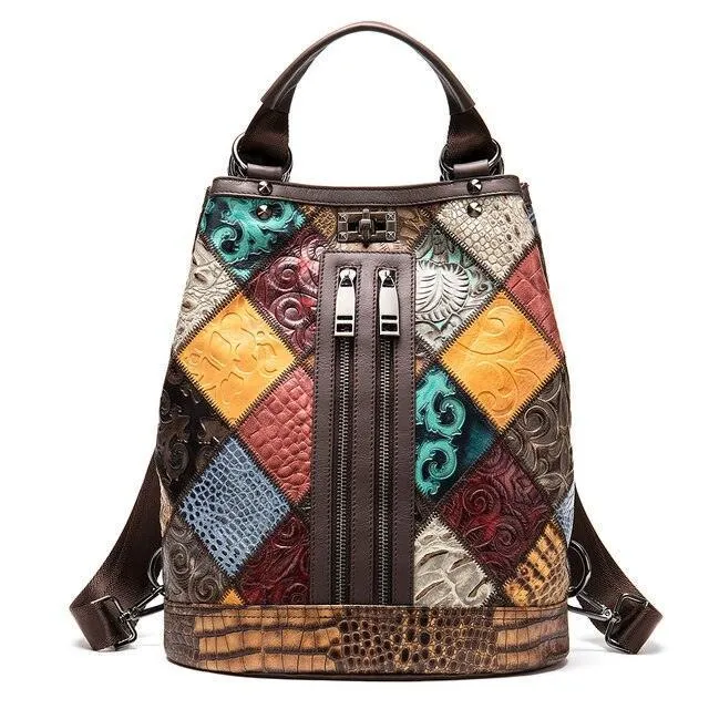 Premium Leather Travel Backpacks For Women Boho Patchwork