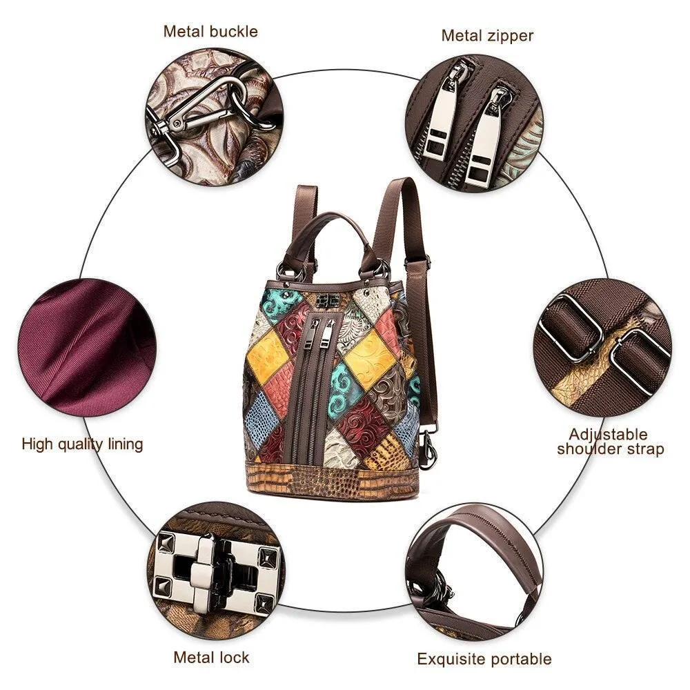 Premium Leather Travel Backpacks For Women Boho Patchwork