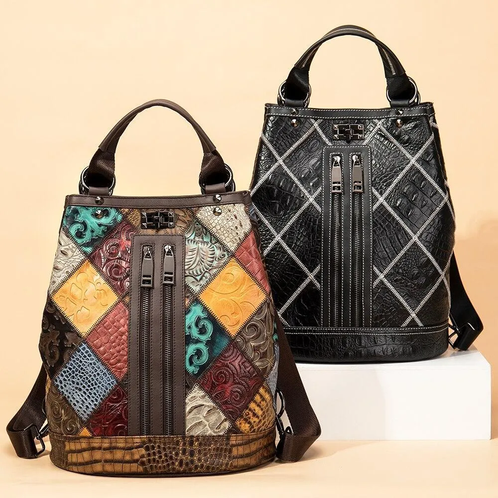 Premium Leather Travel Backpacks For Women Boho Patchwork