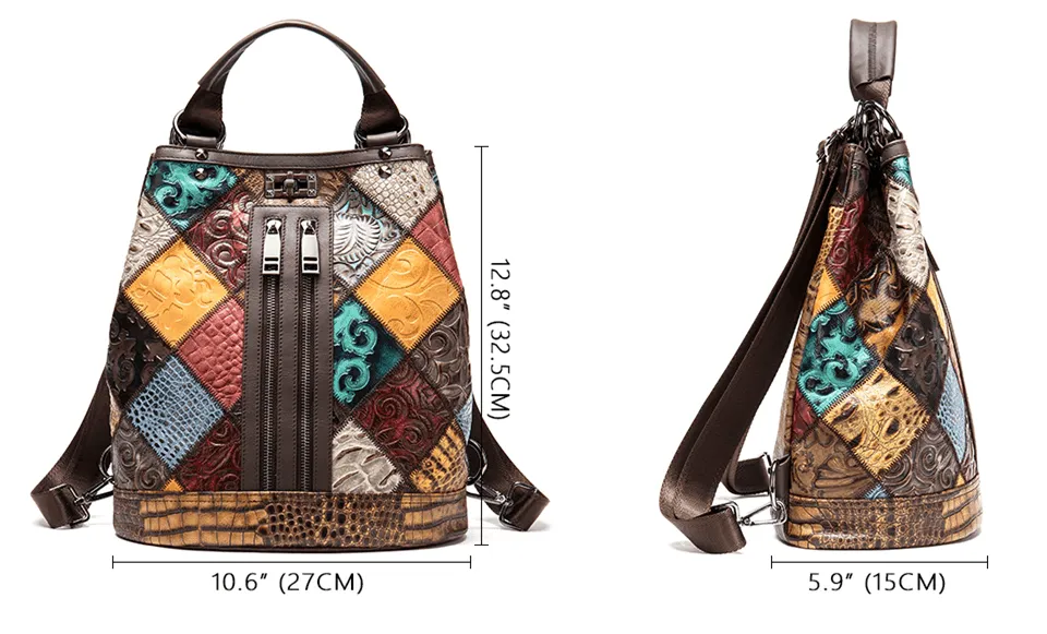 Premium Leather Travel Backpacks For Women Boho Patchwork