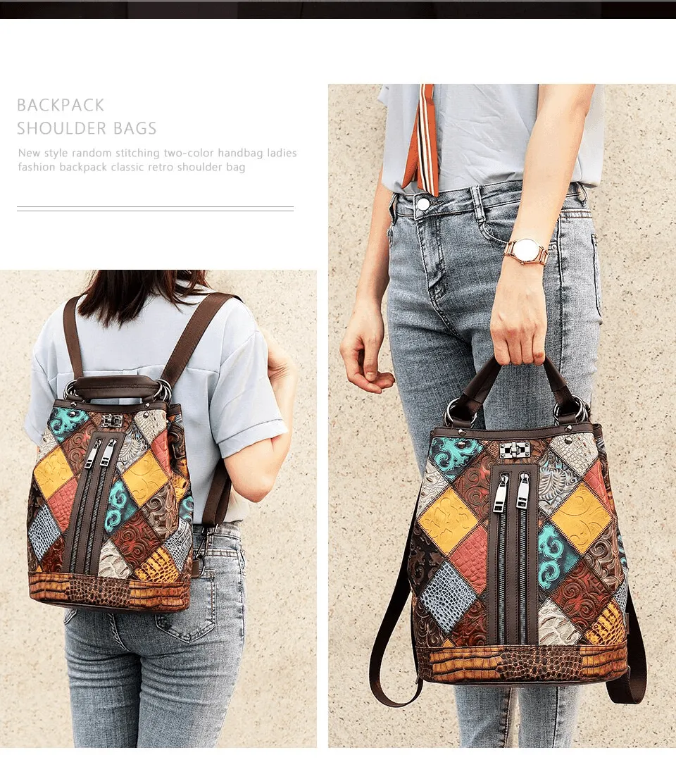 Premium Leather Travel Backpacks For Women Boho Patchwork