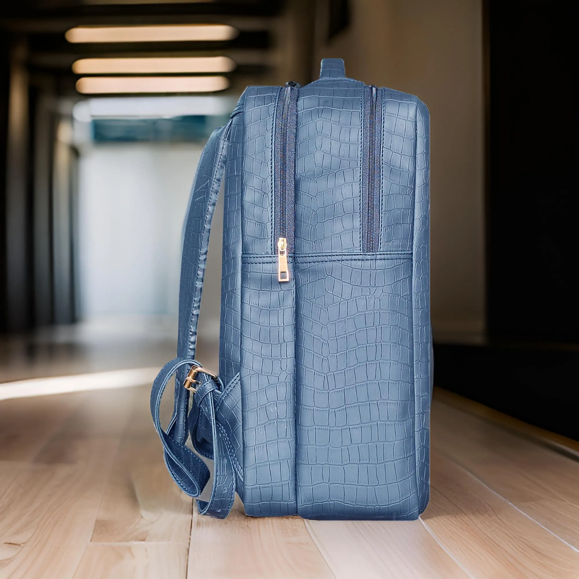 Premium Spacious Navy Blue Vegan Leather Backpack with Multiple Compartments