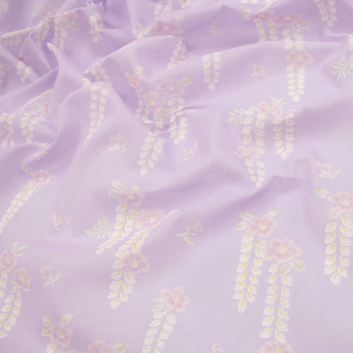 Printed Cotton Voile Design-1 White & Pink Flower Vines on Lilac