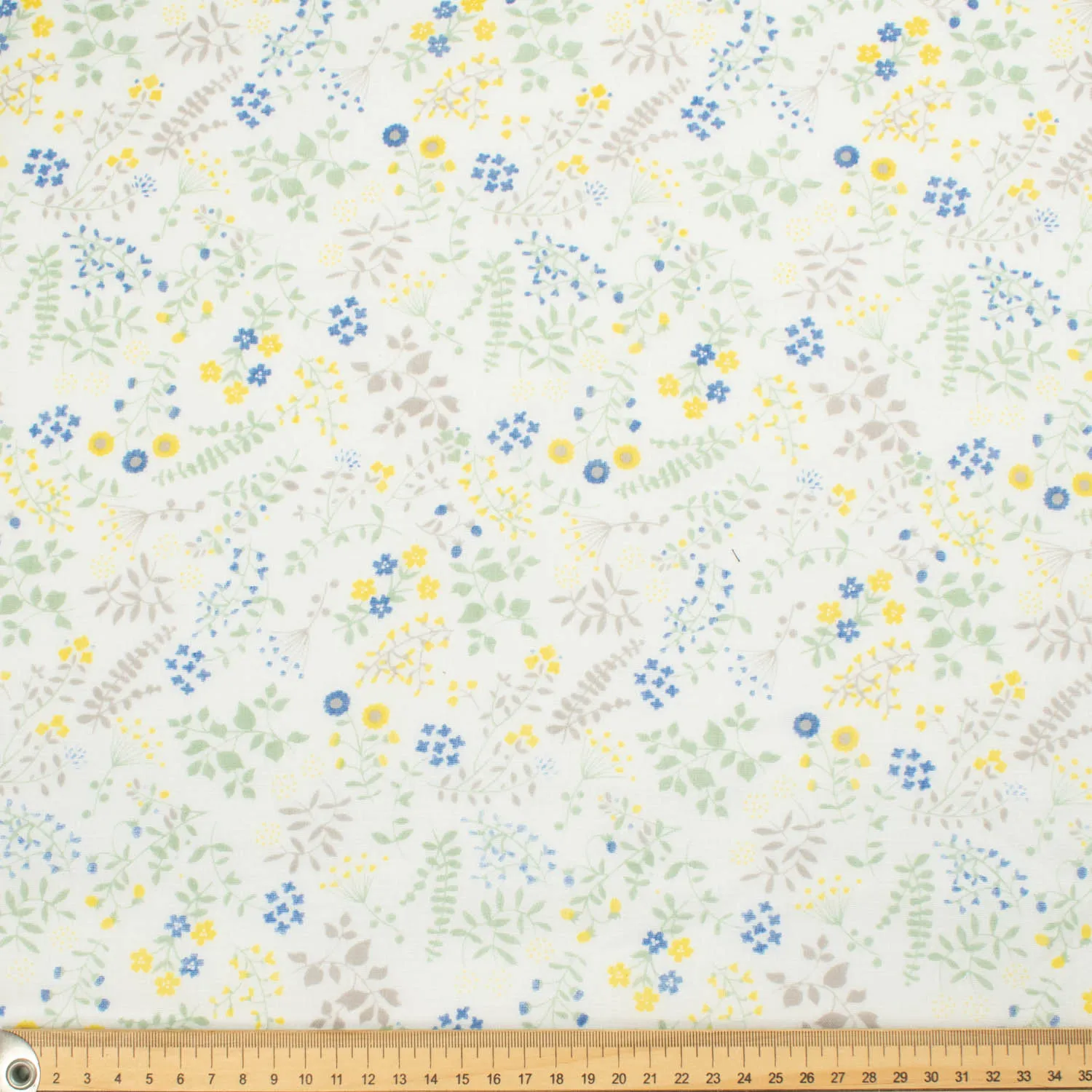 Printed Cotton Voile Design-15 Yellow Small Florals & Green Leaves on Ivory